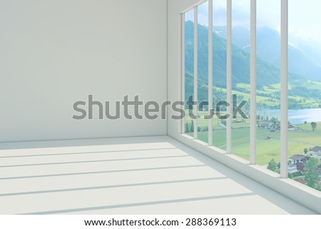 Empty white room with beautiful views from the window