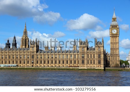 London, United Kingdom - Palace of Westminster (Houses of Parliament) with Big Ben clock tower. UNESCO World Heritage Site.