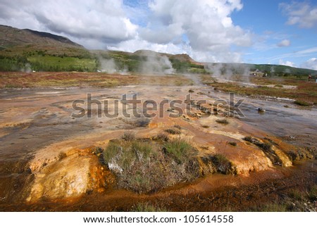 Iceland - Geothermal activity near Geysir. Colorful soil and steaming hot springs. Travel destination.