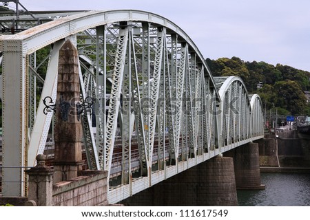 Inuyama, Japan - town in Aichi prefeture of the region Chubu. Railway bridge over Kiso river.