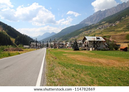 Italy, Stelvio National Park. Road to Bormio in Ortler Alps. Alpine landscape. Valfurva, town in Lombardy.