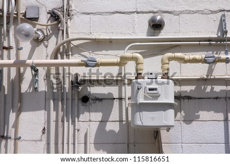 Natural gas meter and electric cables - typical building installations in Nagoya, Japan