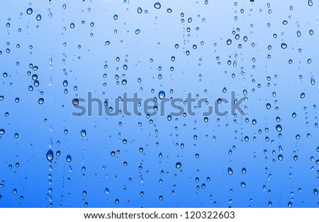 Blue water drop background. Raindrops on window glass.