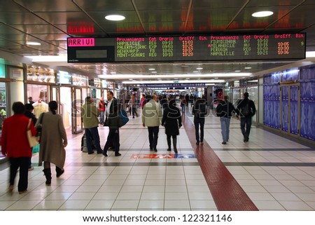 ROME - APRIL 9: People hurry at Termini Station on April 9, 2012 in Rome. It exists since 1862 and is one of 3 busiest train stations in Europe. It serves 850 trains daily and 150m people annually