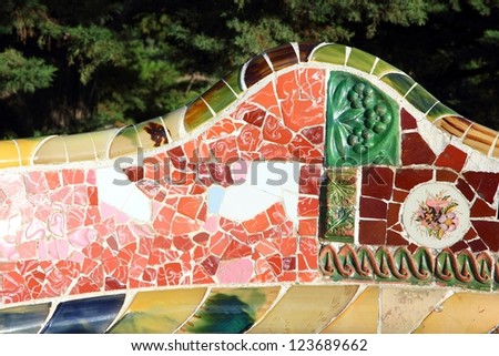 BARCELONA, SPAIN - NOVEMBER 6: Ceramic art in Park Guell on November 6, 2012 in Barcelona, Spain. It was built in 1900-14 and  is part of the UNESCO World Heritage Site 