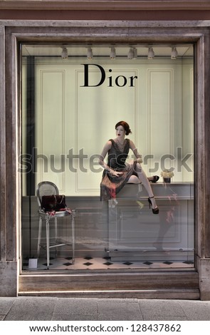 ROME - APRIL 10: Window view of Dior store on April 10, 2012 in Rome, Italy. The fashion company was founded in 1946. It had 4.2 billion EUR of operating income in 2010.