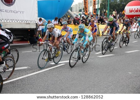 KATOWICE, POLAND - AUGUST 2: Cyclists ride stage 3 of Tour de Pologne bicycle race on August 2, 2011 in Katowice, Poland. TdP is part of prestigious UCI World Tour.