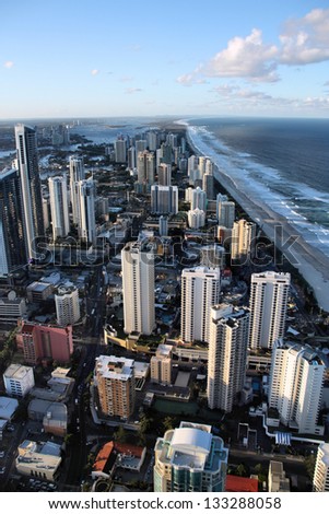 Urban aerial view - Surfers Paradise city in Gold Coast region of Queensland, Australia