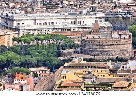 Rome, Italy. Aerial view of famous Castel Sant\' Angelo and Justice Palace courthouse in background.