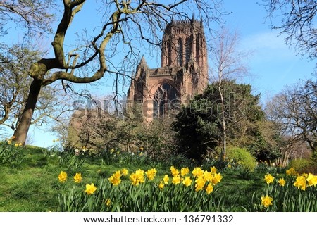 Liverpool - city in Merseyside county of North West England (UK). Famous Cathedral in spring time.