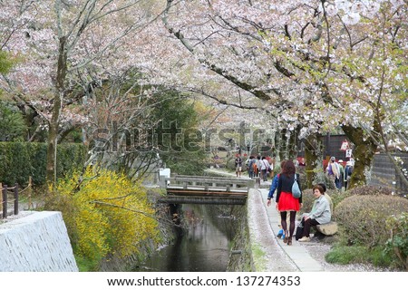 KYOTO, JAPAN - APRIL 16: Tourists visit Philosopher\'s Walk on April 16, 2012 in Kyoto, Japan. Old Kyoto is a UNESCO World Heritage site and was visited by almost 1 million foreign tourists in 2010.
