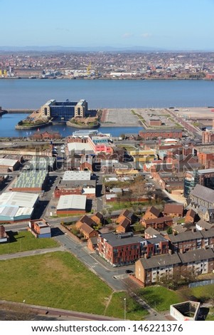 Liverpool - city in Merseyside county of North West England (UK). Aerial view with famous Pier Head UNESCO World Heritage Site.