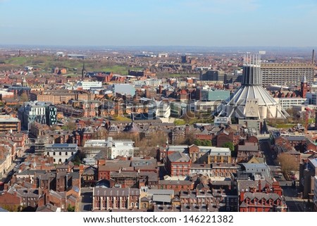 Liverpool - city in Merseyside county of North West England (UK). Aerial view with famous Roman Catholic Liverpool Metropolitan Cathedral.