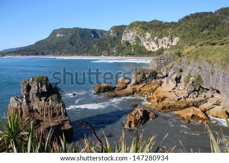New Zealand - West Coast. Famous natural landmark in Paparoa National Park - Punakaiki or Pancake Rocks.