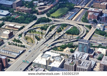 Chicago, Illinois in the United States. Aerial view of a complicated interstate freeway interchange. Road transportation infrastructure.