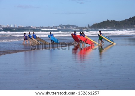 GOLD COAST, AUSTRALIA - MARCH 24: Surfers enter the sea on March 24, 2008 in Gold Coast. Gold Coast is the 6th most populous city in Australia and an ultimate surfing destination.