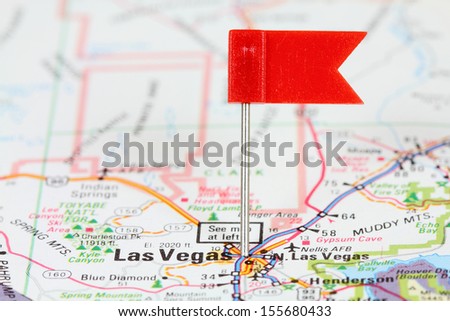 Las Vegas, Nevada. Red flag pin on an old map showing travel destination.