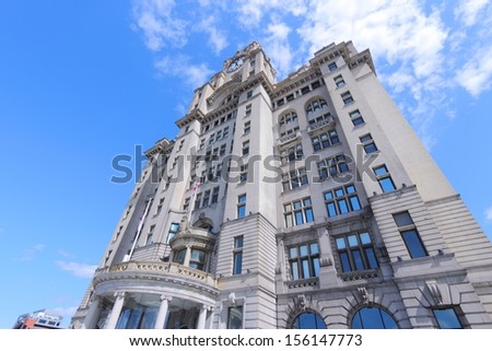Liverpool - city in Merseyside county of North West England (UK). Pier Head district, part of UNESCO World Heritage Site. Royal Liver Building.