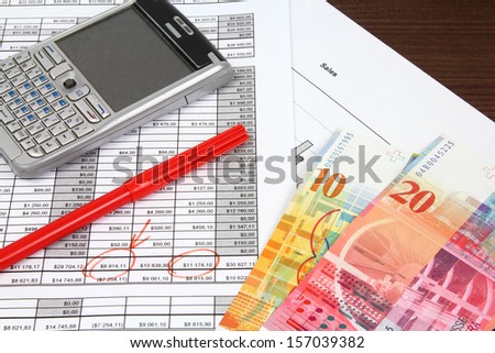 Business objects. Financial analysis - income statement, finance graphs, generic smart phone and Swiss franc currency.