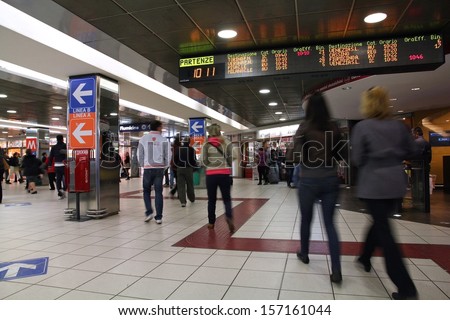 ROME - APRIL 9: People hurry at Termini Station on April 9, 2012 in Rome. It exists since 1862 and is one of 3 busiest train stations in Europe. It serves 850 trains daily, about 150m people annually.
