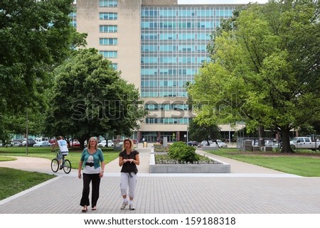 TOPEKA, KS - JUNE 25: People visit downtown on June 25, 2013 in Topeka, Kansas, United States. Topeka is the capital city of the State of Kansas and is the 4th biggest populated area in Kansas.