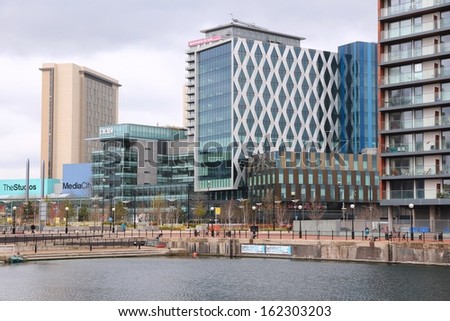 MANCHESTER, UK - APRIL 22: People visit MediaCityUK on April 22, 2013 in Manchester, UK. MediaCityUK is a 200-acre development completed in 2011, used by BBC, ITV and other companies.