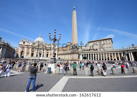 VATICAN CITY, VATICAN - MAY 9: Pilgrims at Saint Peter\'s Square on May 9, 2010 in Vatican City, Vatican. Saint Peter\'s Square is among most popular pilgrimage sites for Roman Catholics.
