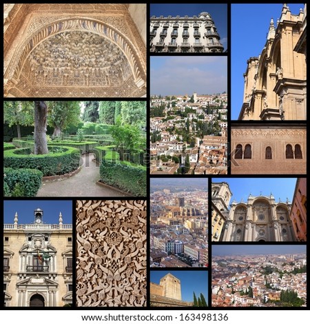 Photo collage from Granada, Spain. Collage includes major landmarks like Alhambra, the cathedral and town hall.