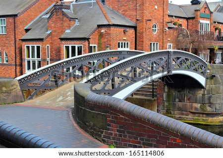 Birmingham water canal network - steel footbridge. West Midlands, England.