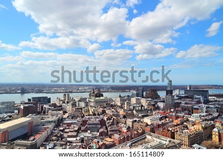 Liverpool - city in Merseyside county of North West England (UK). Aerial view with downtown and famous Pier Head UNESCO World Heritage Site.