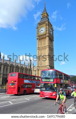 LONDON - MAY 16: People ride buses next to Big Ben on May 16, 2012 in London. With more than 14 million international arrivals in 2009, London is the most visited city in the world (Euromonitor).