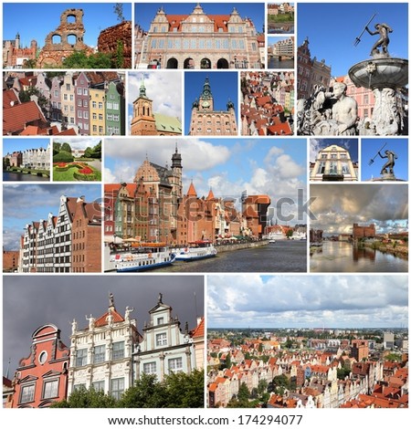 Photo collage from Gdansk, Poland. Collage includes major landmarks like the granaries and Neptune fountain.
