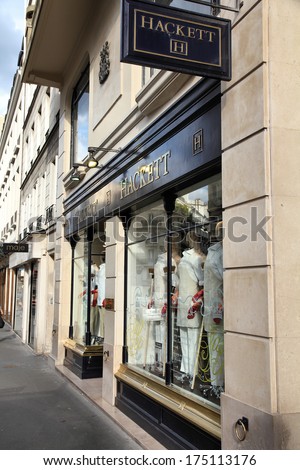 PARIS, FRANCE - JULY 24, 2011: Hackett store in Paris, France. The British luxury fashion brand is the sponsor of many prestigious events like BAFTA, Aston Martin Racing and others.