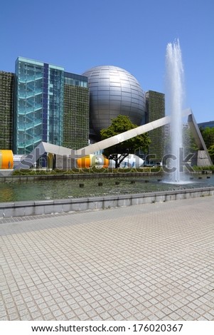 NAGOYA, JAPAN - APRIL 28, 2012: Space rocket in front of Nagoya City Science Museum in Nagoya, Japan. According to Tripadvisor, it is currently among top 10 places worth visiting in Nagoya.