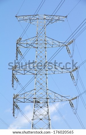 High voltage electricity pylon in Japan. Power grid.