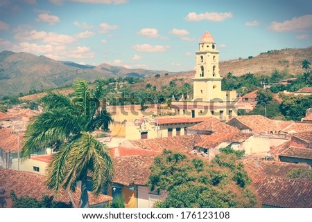 Trinidad, Cuba - colonial town cityscape. UNESCO World Heritage Site. Cross processed color style - retro tone.