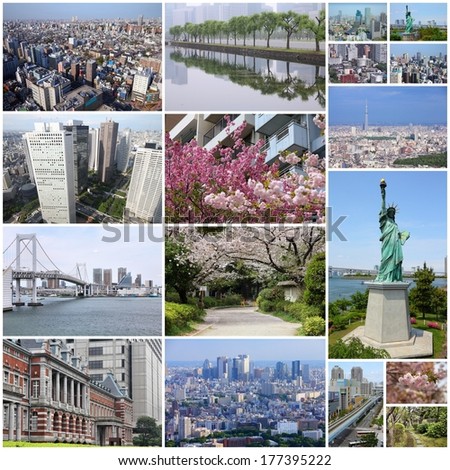 Photo collage from Tokyo, Japan. Collage includes major landmarks like Rainbow Bridge, Toshima ward, Chiyoda ward and Chuo ward.