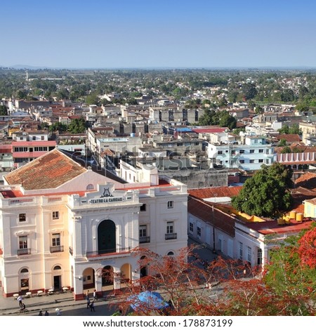 Aerial view of main square in Santa Clara, Cuba. Square composition.