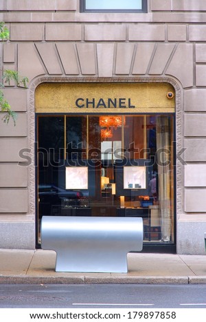 NEW YORK, USA - JULY 1, 2013: Chanel fashion store in Madison Avenue, New York. The famous brand exists since 1909 and had 6.3 billion EUR revenue in 2012.