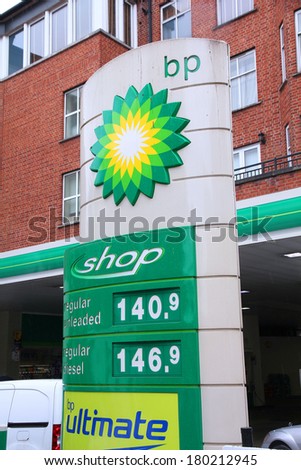 LONDON, UK - MAY 14, 2012: BP gas station prices in London. Oil based fuel prices have recently dropped, but still are near their historical peaks.