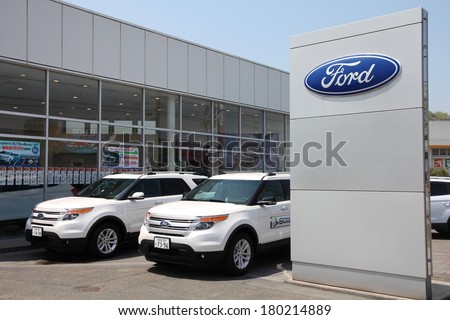 HIMEJI, JAPAN - APRIL 23, 2012: Ford dealership in Himeji, Japan. Ford is the 2nd-largest US-based automaker and the fifth-largest in the world based on annual vehicle sales in 2010.