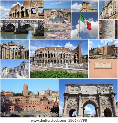Photo collage from Rome, Italy. Collage includes major landmarks like Colosseum, Roman Forum and Vatican.