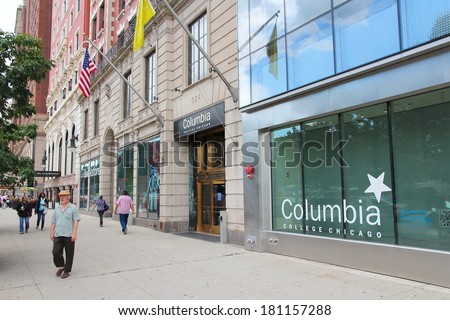 CHICAGO, USA - JUNE 27, 2013: People walk by Columbia College in Chicago. Columbia College was established in 1890 and has more than 10 thousand students.