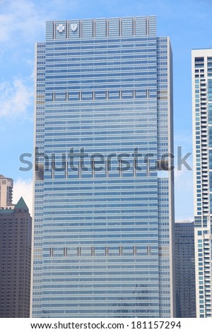 CHICAGO, USA - JUNE 27, 2013: Blue Cross Blue Shield Tower in Chicago. It is 243m tall and as of 2014 is the 17th tallest building in Chicago.