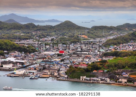 Onomichi, Japan - town in the region of Chugoku. Aerial view with Inland Sea.