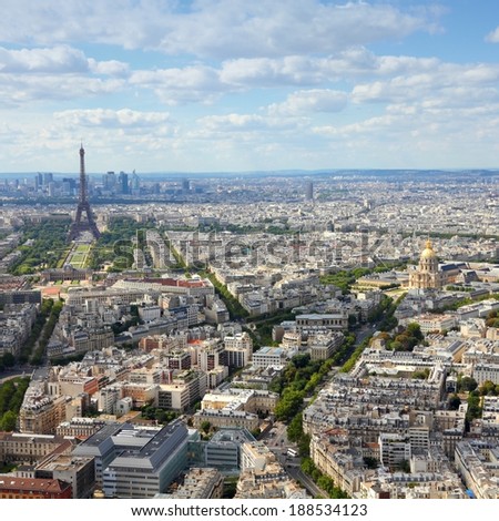 Paris, France - aerial city view Eiffel Tower. UNESCO World Heritage Site. Square composition.
