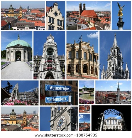 Photo collage from Munich, Germany. Collage includes major landmarks like City Hall, the cathedral and skyline.
