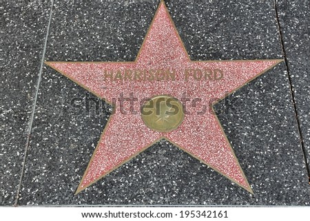 LOS ANGELES, USA - APRIL 5, 2014: Harrison Ford star at famous Walk of Fame in Hollywood. Hollywood Walk of Fame features more than 2,500 stars with inscribed celebrity names.