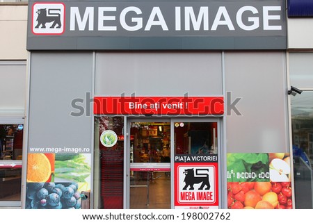 BUCHAREST, ROMANIA - AUGUST 19, 2012: Customers visit Mega Image supermarket in Bucharest, Romania. MI is part of Delhaize group which employs 103,050 people (2010).