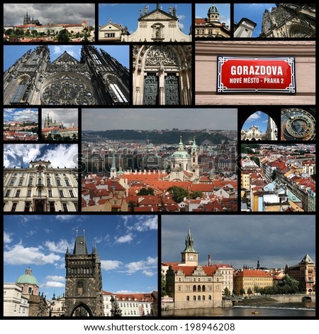 Photo collage from Prague, Czech Republic. Collage includes major landmarks like the cathedral, castle and Vltava River.